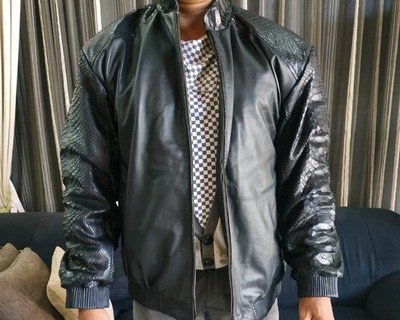 Men s Real Leather Jacket Black Luxury Bomber Python Embossed Sleeve And Collar