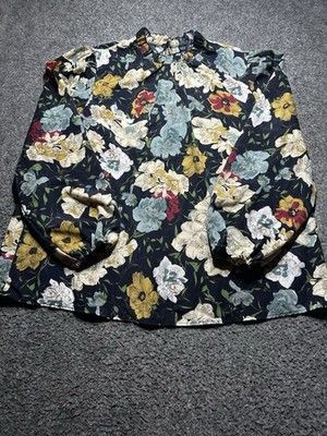 Emery Rose Women 1XL Floral Blouse Ruffle Neck Elastic Sleeve Long Sleeve 
