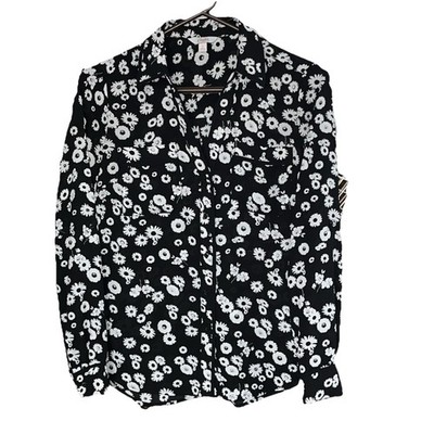 Candie's S Black/White Floral Long Roll Tab Sleeve Blouse Whimsigoth Chic Boho