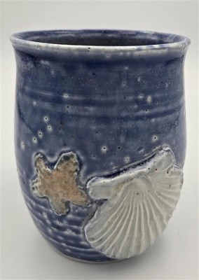 Handmade Ceramic Starfish Clam Shell Mug Blue Coastal Studio Art Pottery Cup