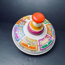 Vintage Ohio Art Tin Litho Spinning Top Train Theme Colorful Metal Toy USA Made