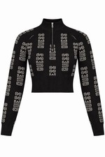Guess Kally Half Zip All Over Logo Crop Sweater Black Long Sleeve Women s M Y2K