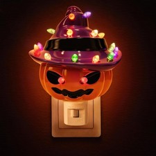 Halloween Night Light, Ceramic Pumpkin Light in Witch Hat Plug-in