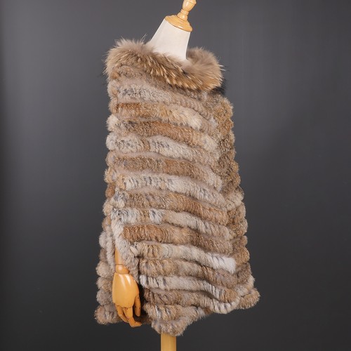 Women's Pullover Poncho Real Rabbit Fur Knitted Cape Shawl Raccoon Fur Collar - Picture 44 of 54