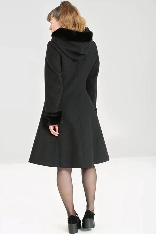 Abrigo de invierno para mujer negro gótico con capucha ribete de piel sintética chaqueta de trinchera con cordones Foto 3 de 4