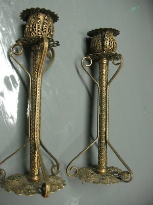  VINTAGE   ARABESQUE  CANDLESTICKS    FILIGREE  ORNATE  HAND MADE ARTISAN CRAFT