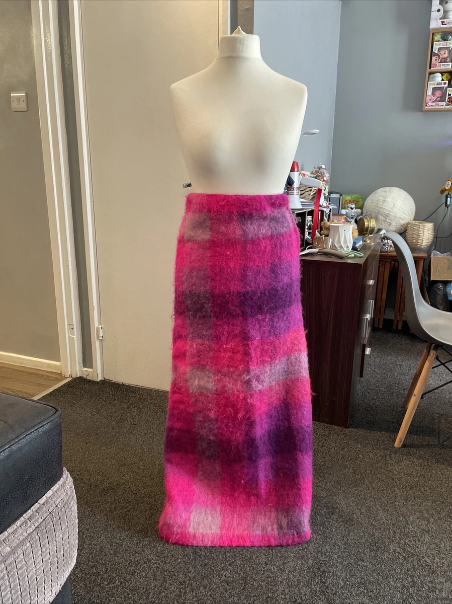 Heather Brae Vintage UK 6 Pink Purple Wool Mohair Tartan Check Maxi Skirt