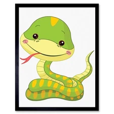 Children Zoo Snake Cartoon Illustration Green 12X16 Inch Framed Art Print