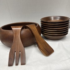 Vintage Vermillion Burl Walnut Salad Bowl Set - 11 Pc some scratches READ