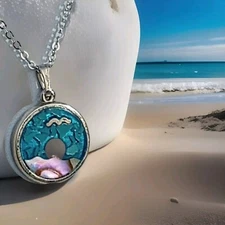 VTG Turquoise & Abalone Inlayed Silver Tone Pendant Necklace Ocean Sea Bird Sun