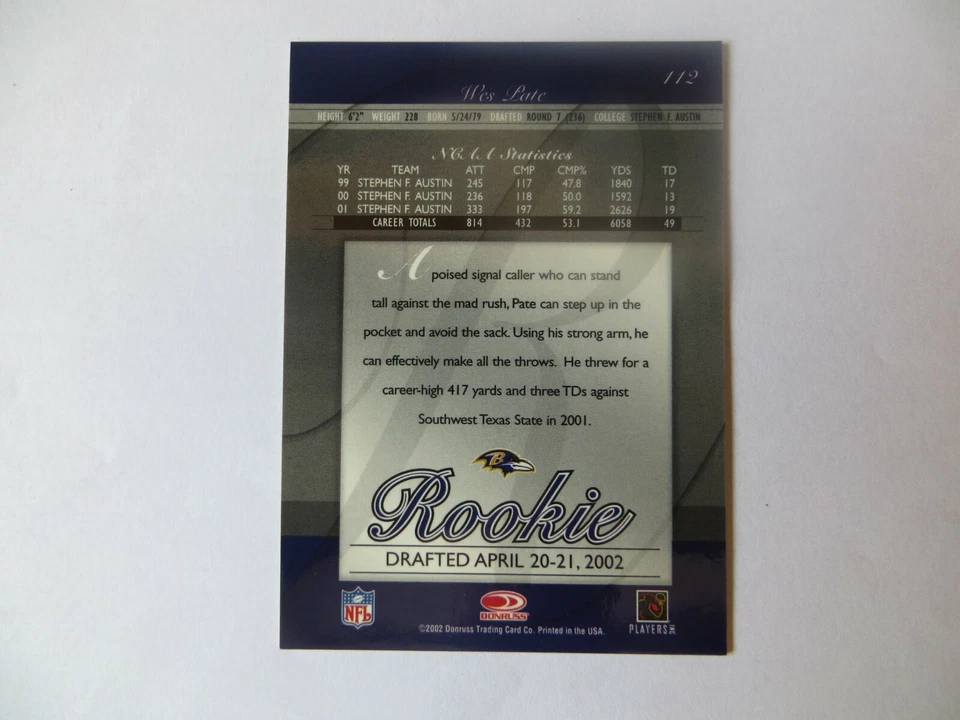 2002 DONRUSS ELITE #112 WES PATE RC 80/400 - Image 2 of 2