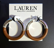 NEW RALPH LAUREN SILVER TONE, COGNAC LEATHER WRAPPED HOOP EARRINGS