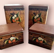70s Vintage J.L. Clark Tin Canister - Set of 4, Woodgrain,  Strawberries