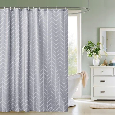 ARTS-AND-CRAFTS-WORLD-UK CHEVRON PRINT POLYESTER SHOWER BATHROOM CURTAIN + 12 RING HOOKS 180cm x200cm