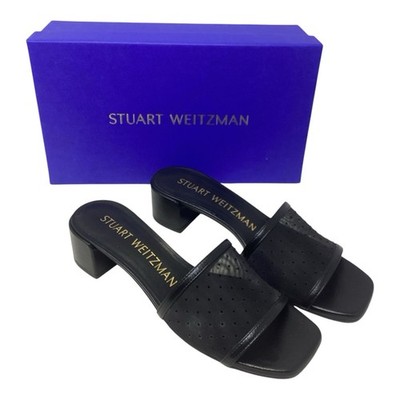 Stuart Weitzman Cayman 35 Block Heel Sheer Mesh Slide Sandals Black Leather 7