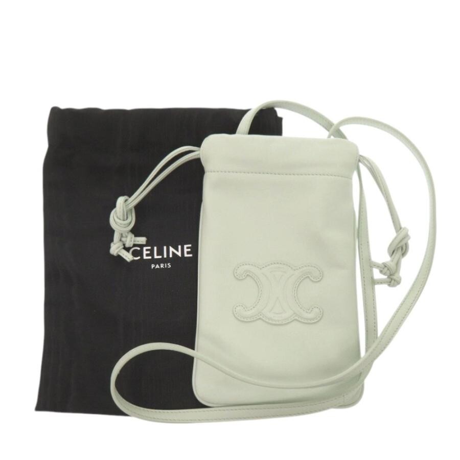 CELINE Triomphe Drawstring Phone Pouch Shoulder Bag Leather Light Green Womens — image 9