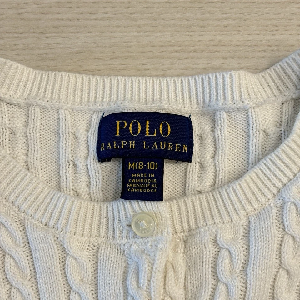 POLO RALPH LAUREN Little Girl's Mini-Cable Cotton Cardigan White Size M 8-10 - Image 4 of 4