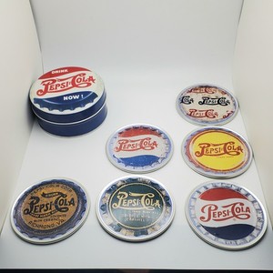PEPSI-COLA SIX 3 1/2" COASTER SET IN PEPSI-COLA TIN, CORK BACK VINTAGE INSPIRED