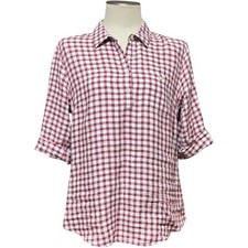 Tommy Bahama Linen  3/4 Sleeve Popover Tunic Burgundy White Check Plaid Medium