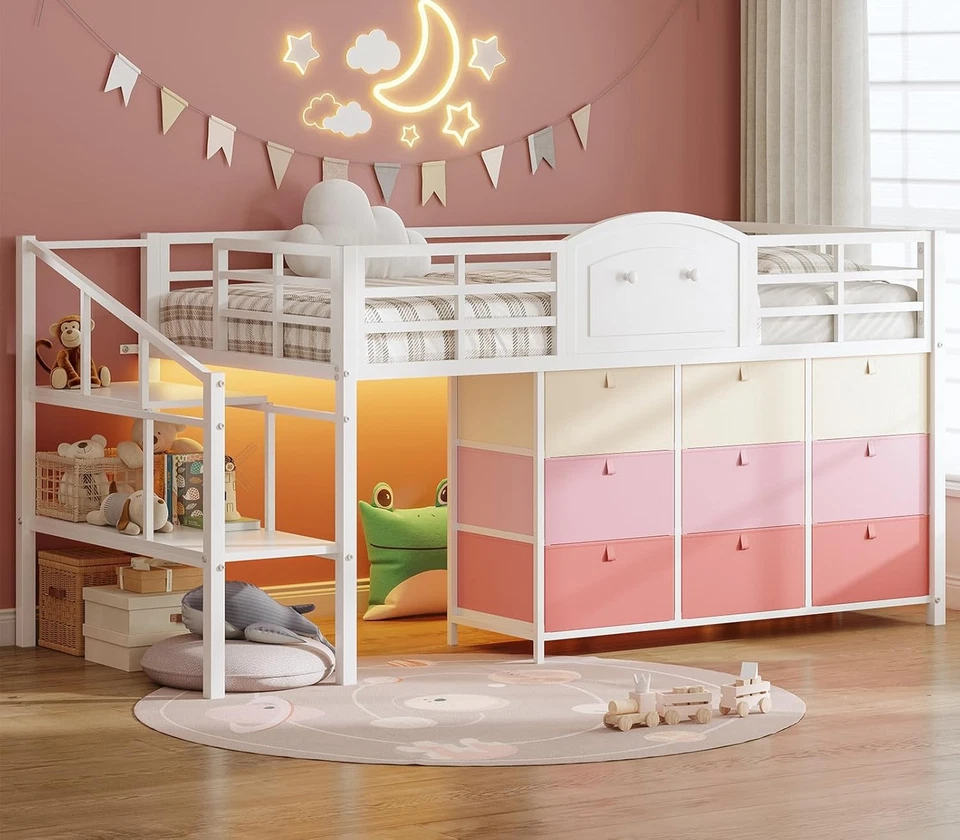 Cama tipo loft baja LED tamaño doble con 9 cajones de almacenamiento y escondite debajo de la cama para niños Foto 4 de 4