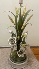 Vintage Italian Tole Lamp – 34" Tall Metal Floral Lamp – Roses & Wheat – Works!