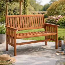 Wooden Garden Bench 2 Seater Outdoor Patio Seat Slatted Backrest Natural