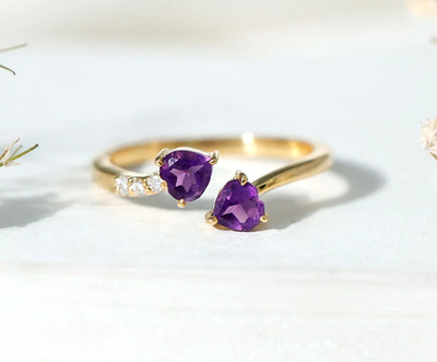 Amethyst Two Heart Adjustable Ring With Moissanite Band For Women Gifted