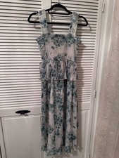 GANNI Pleated Georgette Smock Midi Dress in Egret Abstract Floral