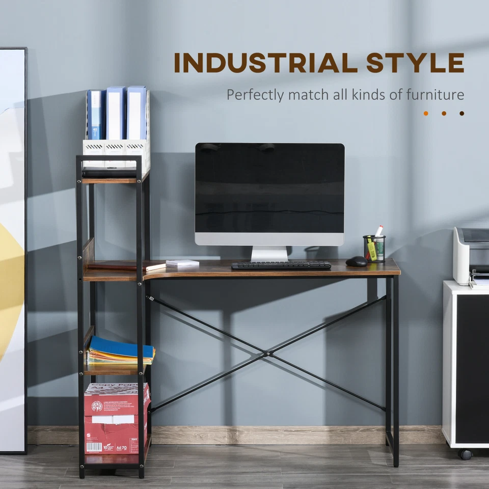 Retro Industrial Computer Desk With 4-Tier Shelf Metal Frame Brown - Image 4 of 4