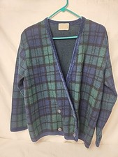 Vintage 70s PENDLETON Virgin Wool Plaid Cardigan Sweater Womens Medium Green USA