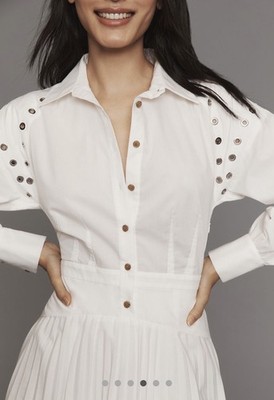 NWOT Anthropologie Sz M LONG SLEEVE Shirt Dress White Pleated SIDE Knee Length