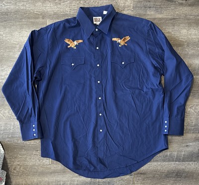 Ely Cattleman Pearl Snap Shirt Mens 2XL Blue Eagle Embroidered Western Cowboy