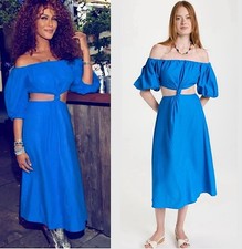 Farm Rio Cutout Waist with Knot Blue Linen Blend Dress In Medium NWT