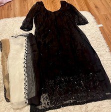 Salwar Kameez Black Embroidered Net Chiffon Beige White Dupatta Women's Dress