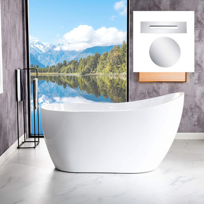 54'' White Acrylic Freestanding Soaking Bathtub with Chrome Drain & Overflow