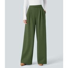 Halara Flex High Waisted Pocket Wide Leg Casual Dress Pants Olive Green Size S