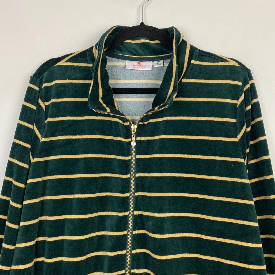 Quacker Factory Velour Zip Jacket Green Yellow Stripe Size 2X - Image 2 of 4