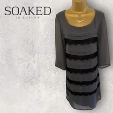 Soaked in Luxury Womens Grey Chiffon Black Lace Tiered  Shift Dress UK 12 EU 40