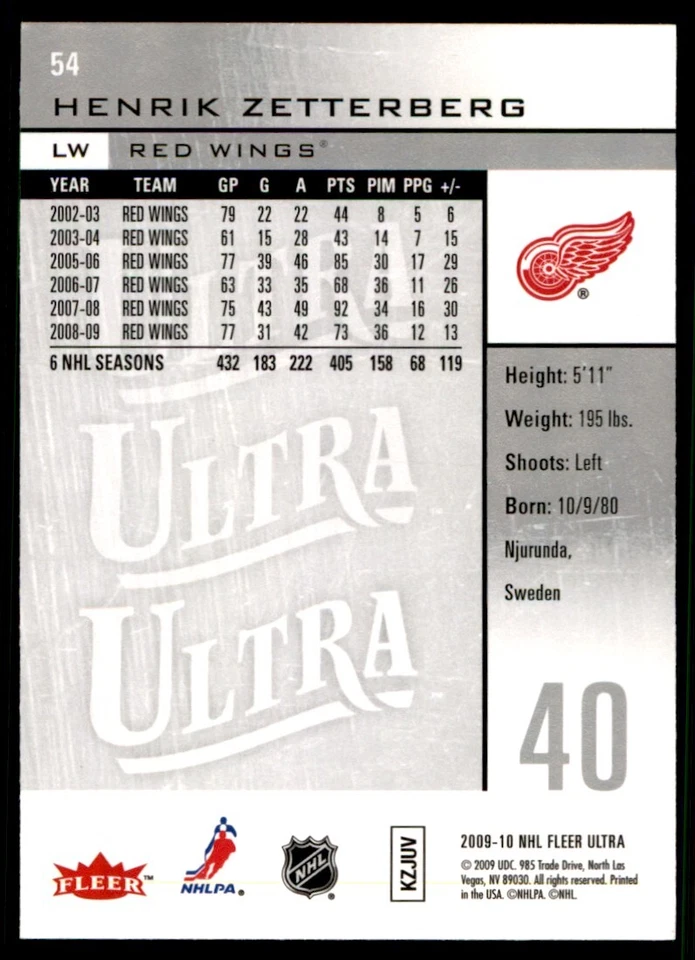 2009-10 Ultra Henrik Zetterberg Detroit Red Wings #54 - Image 2 of 2