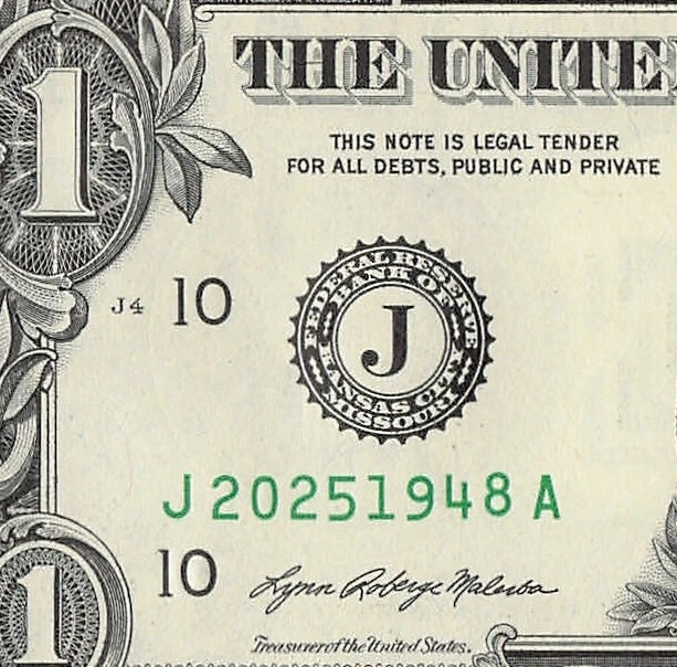 1948 2025 Tombstone Fancy Serial Number One Dollar Bill Double Date Note - Image 3 of 4