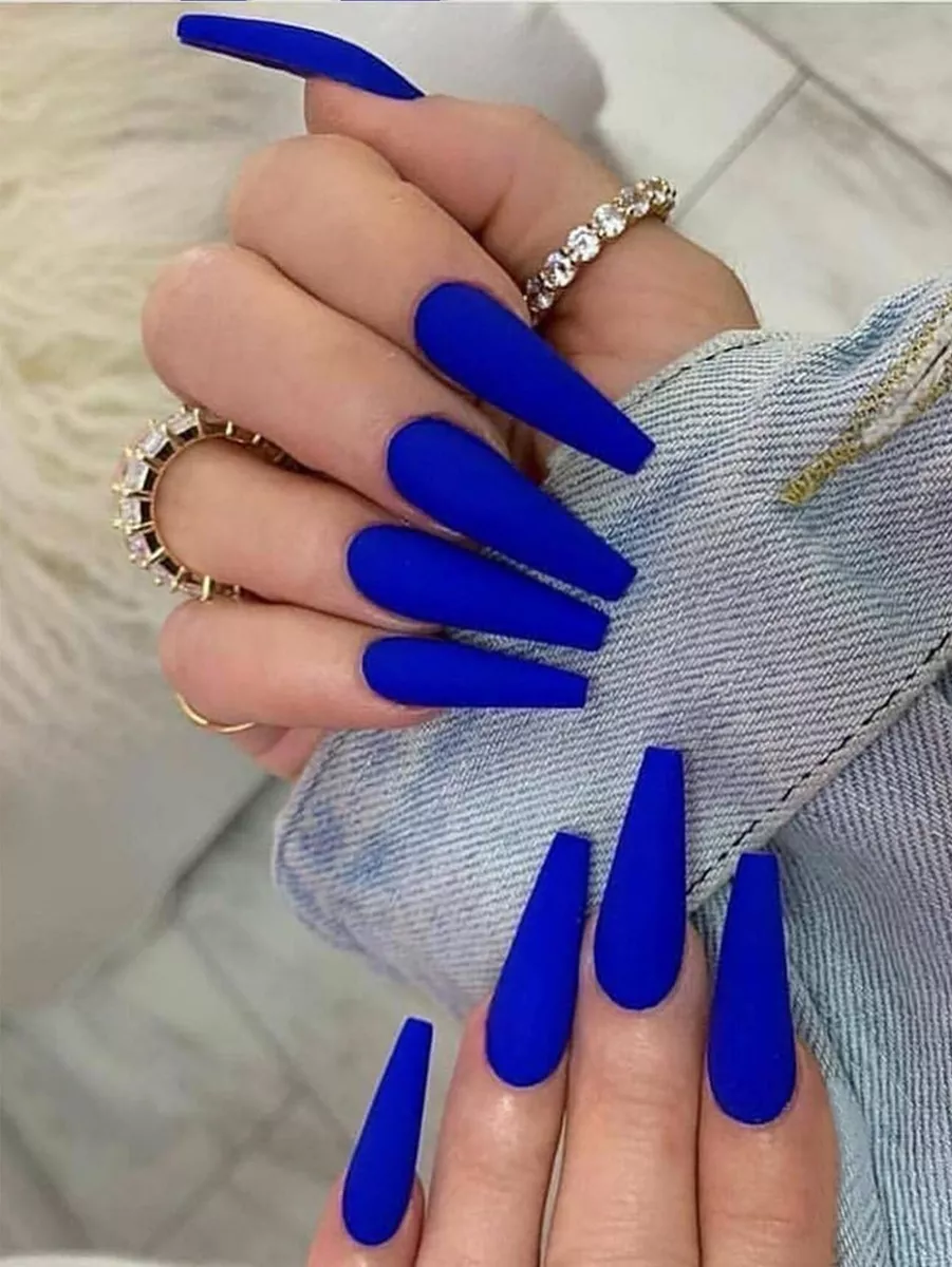 Matte Coffin Nails Ideas - Space Age Rebel Royal Blue Nail Art Designs Bold royal  blue looks unique on matte coffin nails. On one accent nail use gold,  white, and black design