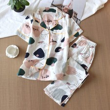 100 Gauze Cotton Women Pajamas Set Cute Printed Turn-Down Collar Sleepwear Pjs