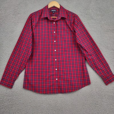 Lands End Top Womens 12T 12 Tall Red Plaid Long Sleeve Collared No Iron Supima