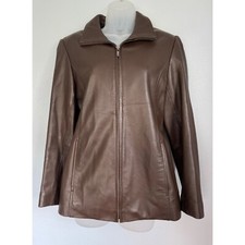 Portrait Petite Medium Brown Leather Jacket Zip Front Lined Pockets New Office