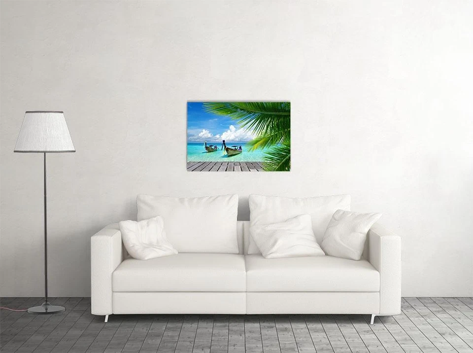 Летний пляж пальма дерево лодка морской пейзаж наземное пространство стены искусства дома - плакат 20 «x 30» - Изображение 2 из 3