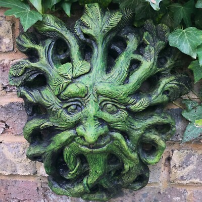 ''Wurzel'' großer grüner Mann Wandrelief STEIN Garten Ornament 33cm/13'' H  +GRATIS GESCHENK!