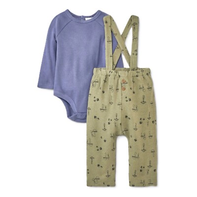 Grayson Collective Unisex Baby 3-6M Blue Ribbed LS Bodysuit & Green Bottom Set