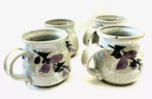 Lot of 4 Hand Thrown Glazed Pottery Mug Studio Art Speckled Stoneware FLORAL Art