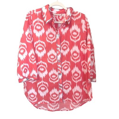 Soft Surroundings Maya Shirt XL Sunset Coral Ikat Cotton Embroidered 3/4 Slv
