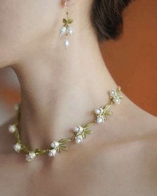 Vintage Lily of the Valley Design Pearl Necklace Bracelet & Earrings Set